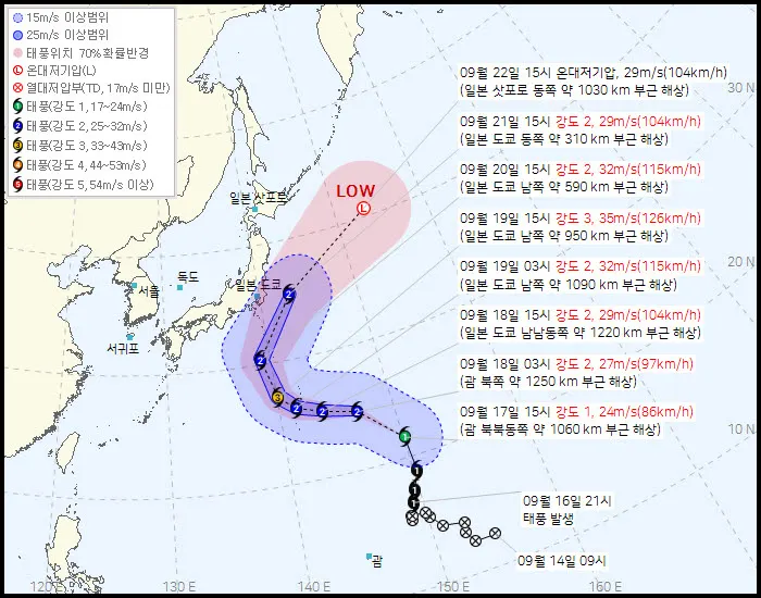 제25호 태풍 두쥐안, 일본 향해 북상 중