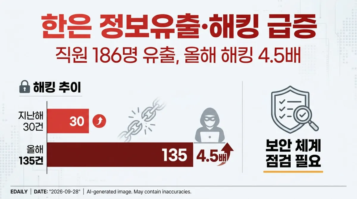 한은 직원 186명 개인정보 유출 및 해킹 시도 급증